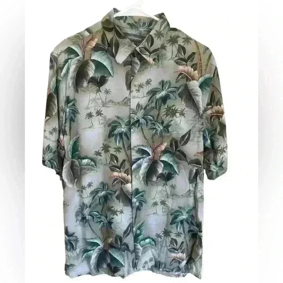CROFT & BARROW BUTTON DOWN PALM TREES HAWAIIAN SHORT SLEEVED SHIRT GREEN M - Picture 1 of 4